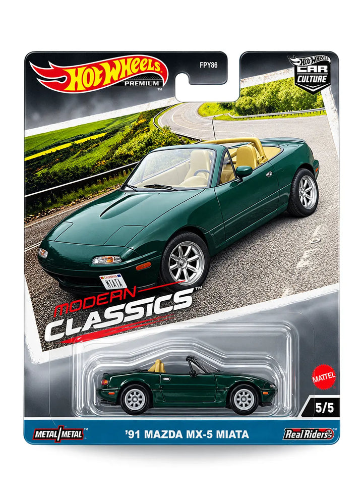 Hot Wheels Car Culture Modern Classics '91 Mazda MX-5 Miata 1:64 scale premium diecast car mint on its original highly collectible 5/5 variant blister card featuring a subtle metallic artichoke green roadster theme.