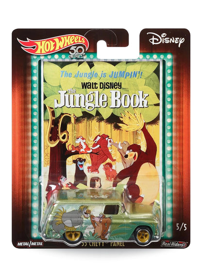 Hot Wheels Pop Culture Disney The Jungle Book '55 Chevy Panel 1:64 scale premium diecast truck mint on 50th anniversary movie poster card.