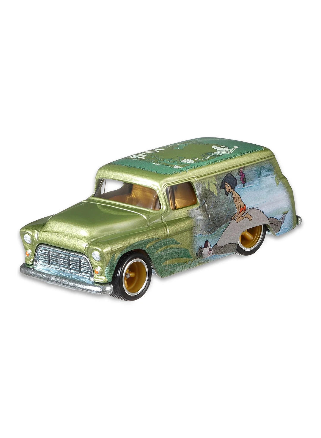 Close-up view of the anti-freeze green Hot Wheels The Jungle Book '55 Chevy Panel truck showing side graphics and gold Real Riders wheels.