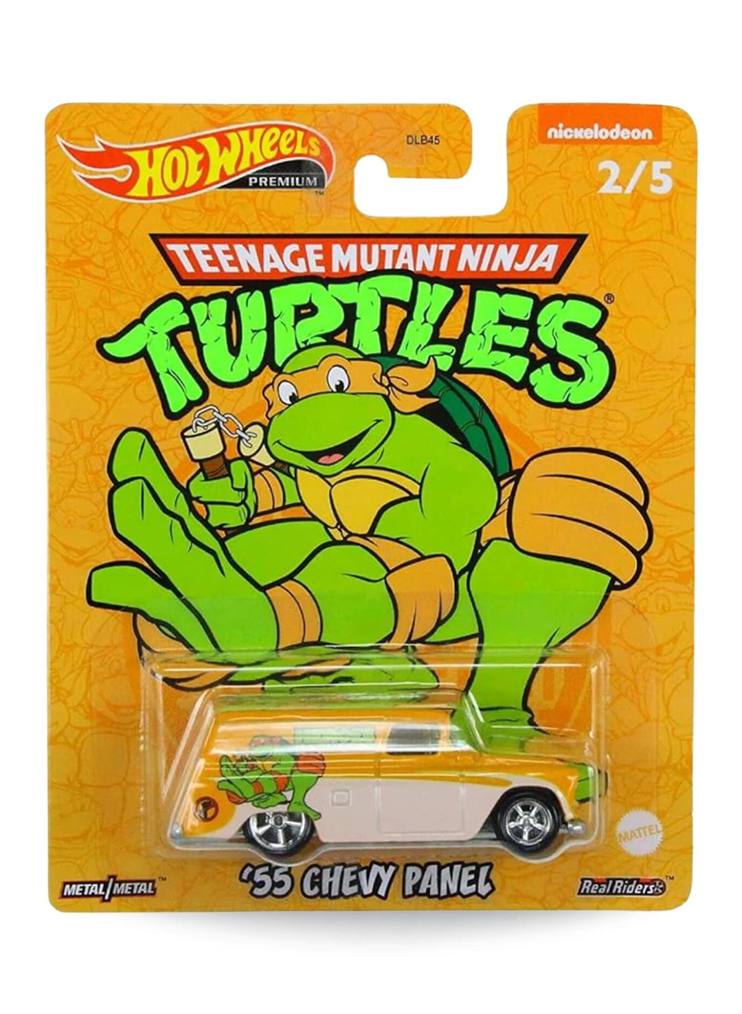 Hot Wheels Pop Culture Teenage Mutant Ninja Turtles Michelangelo '55 Chevy Panel 1:64 scale premium diecast truck mint on its original yellow nunchuck blister card.