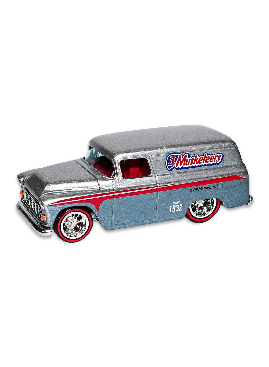 Close-up view of the two-tone silver and charcoal Hot Wheels 3 Musketeers '55 Chevy Panel truck showing side candy logos and redline Real Riders wheels.