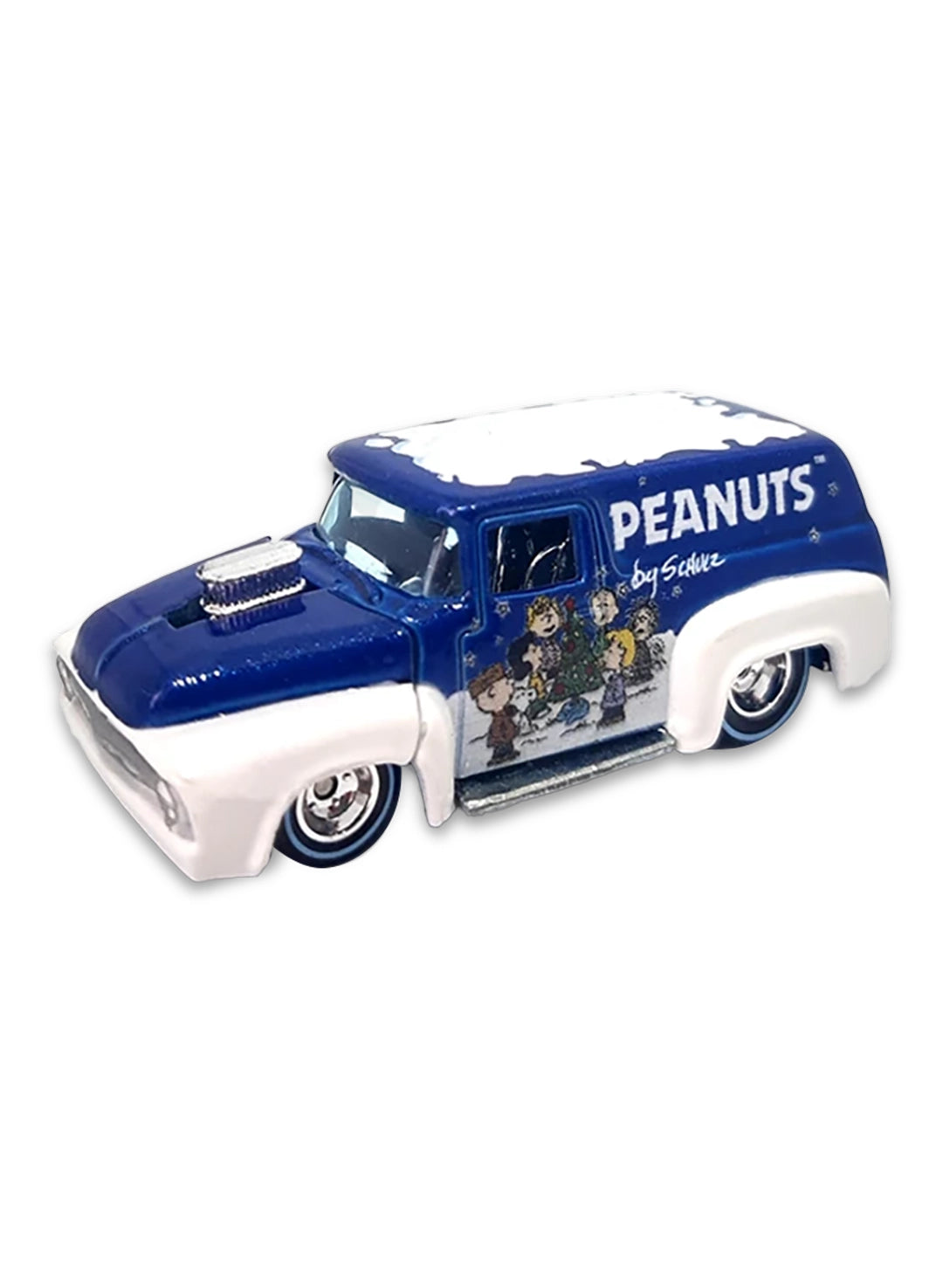 Close-up view of the metallic blue Hot Wheels Peanuts '56 Ford F-100 Panel truck showing side snow graphics and chrome Real Riders wheels.