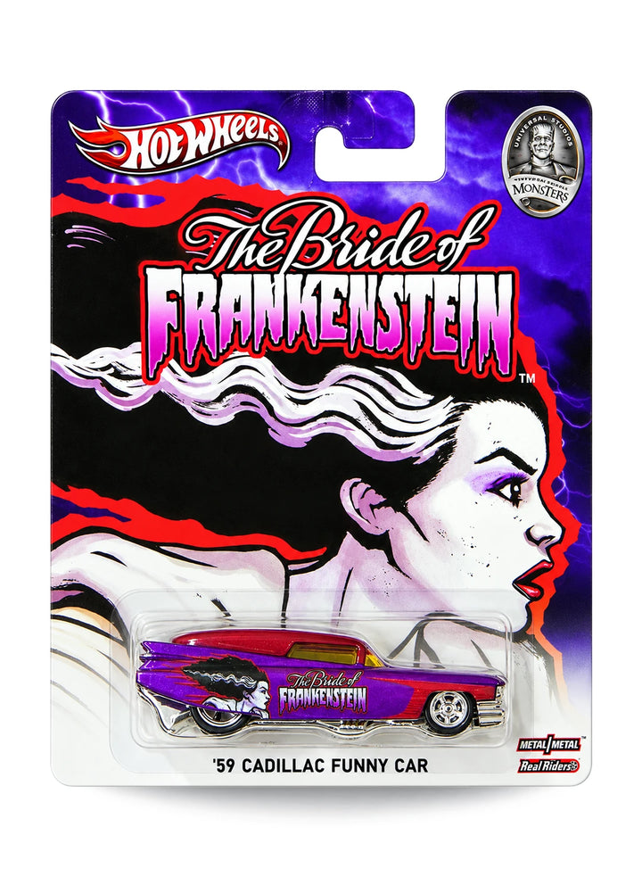 Hot Wheels Pop Culture 2013 Universal Monsters The Bride of Frankenstein '59 Cadillac Funny Car 1:64 scale diecast car mint on its original character blister card.