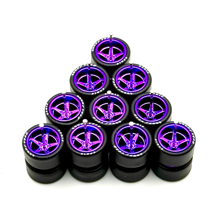 5x Sets Purple Advan 13mm for Hot Wheels 1/64 Wheel Kits with Axles Installed