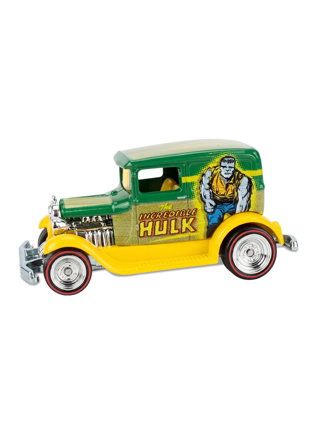 Close-up view of the yellow Hot Wheels The Incredible Hulk A-OK hot rod showing side graphics and redline Real Riders wheels.