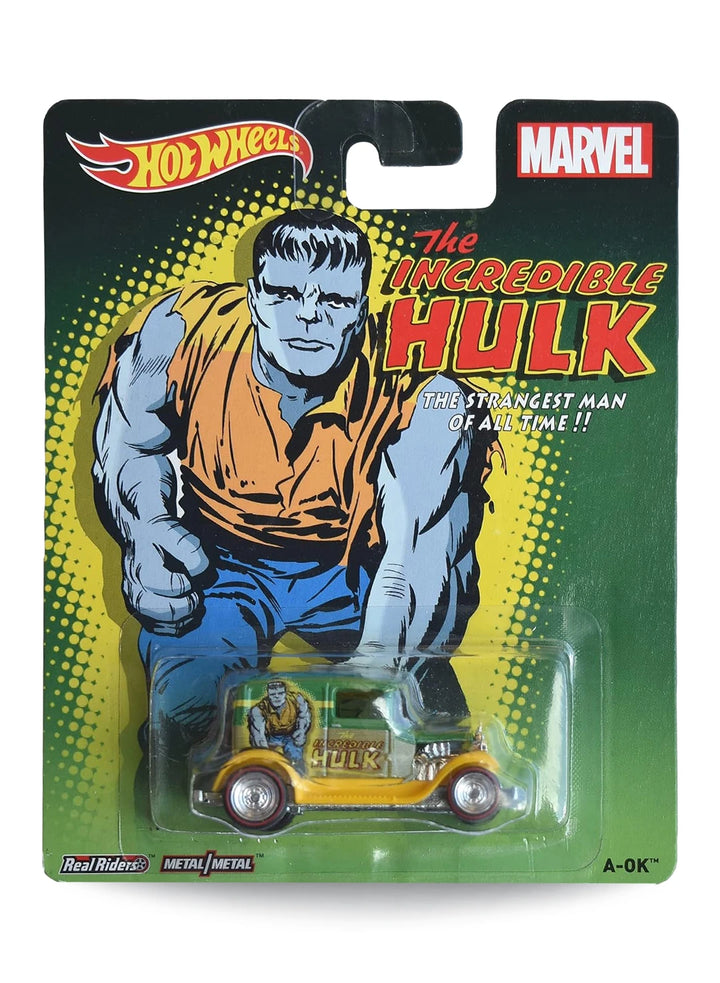 Hot Wheels Pop Culture Marvel The Incredible Hulk A-OK 1:64 scale diecast car mint on its original retro comic art blister card.
