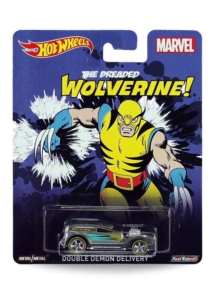Hot Wheels Pop Culture Marvel Wolverine Double Demon Delivery 1:64 scale diecast car mint on its original retro comic art blister card.