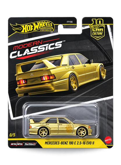Hot Wheels Car Culture Modern Classics Mercedes-Benz 190 E 2.5-16 Evo II Chase 1:64 scale premium diecast car mint on its original highly collectible limited-edition 0/5 variant blister card featuring a striking gold colorway and premium series layout.