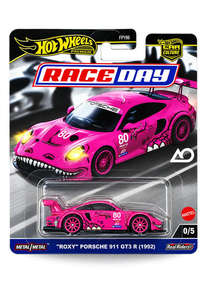 Hot Wheels Car Culture Race Day "Roxy" Porsche 911 GT3 R (992) Chase 1:64 scale premium diecast car mint on its original highly collectible limited-edition 0/5 variant blister card.