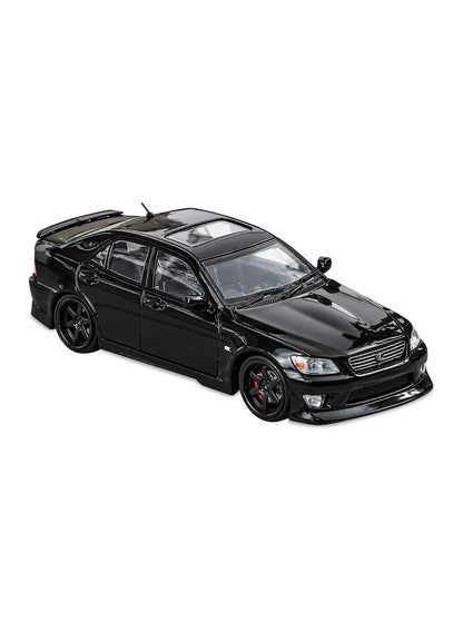 Close-up view of the rare limited-edition deep gloss black Hot Wheels '98 Toyota Altezza Chase car showing its aggressive factory sports sedan styling, signature clear Altezza-style taillights, low custom track profile, and matching dark multi-spoke RR5SPM Real Riders wheels.