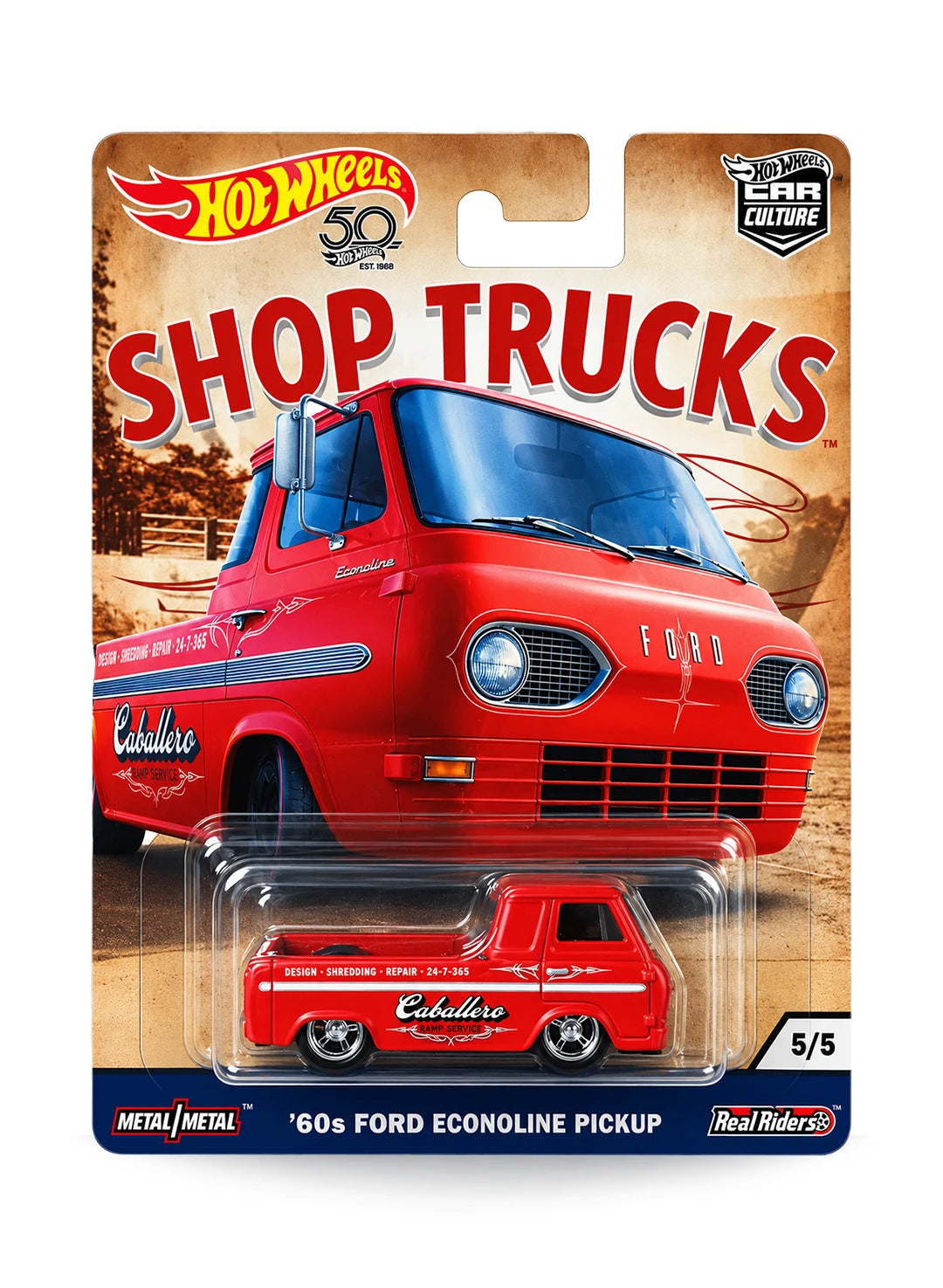 Hot Wheels Car Culture Shop Trucks '60s Ford Econoline Pickup 1:64 scale premium diecast car mint on its original highly collectible 5/5 variant blister card featuring a distinct matte red paint scheme and vintage shop van artwork design.
