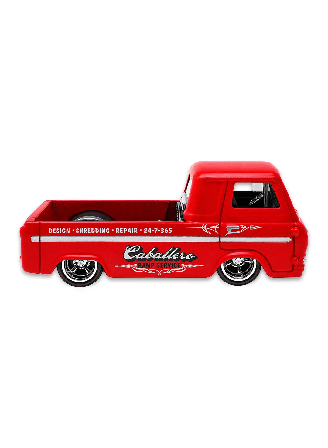 Profile view of the premium matte red '60s Ford Econoline Pickup highlighting its cab-forward vintage utility layout, custom rear flatbed detailing, chrome bumper configs, and classic five-spoke RLRR5SP Real Riders wheels.