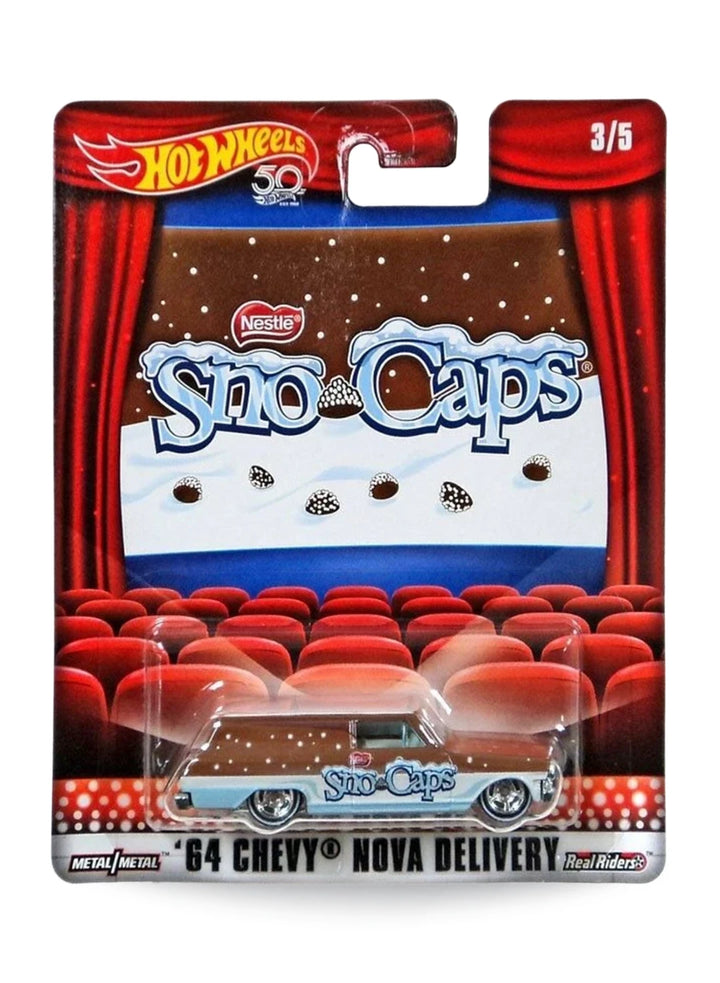 Hot Wheels Pop Culture Nestlé Sno-Caps '64 Chevy Nova Delivery 1:64 scale premium diecast car mint on 50th anniversary movie theater card.