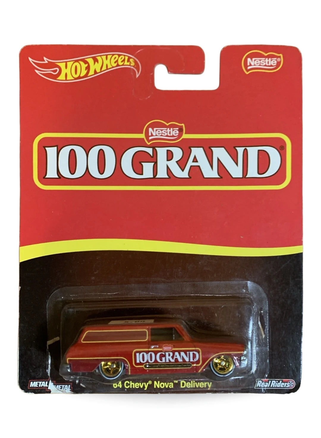 Hot Wheels Pop Culture 2016 Nestlé 100 Grand '64 Chevy Nova Delivery 1:64 scale premium diecast car mint on its original candy branded blister card.