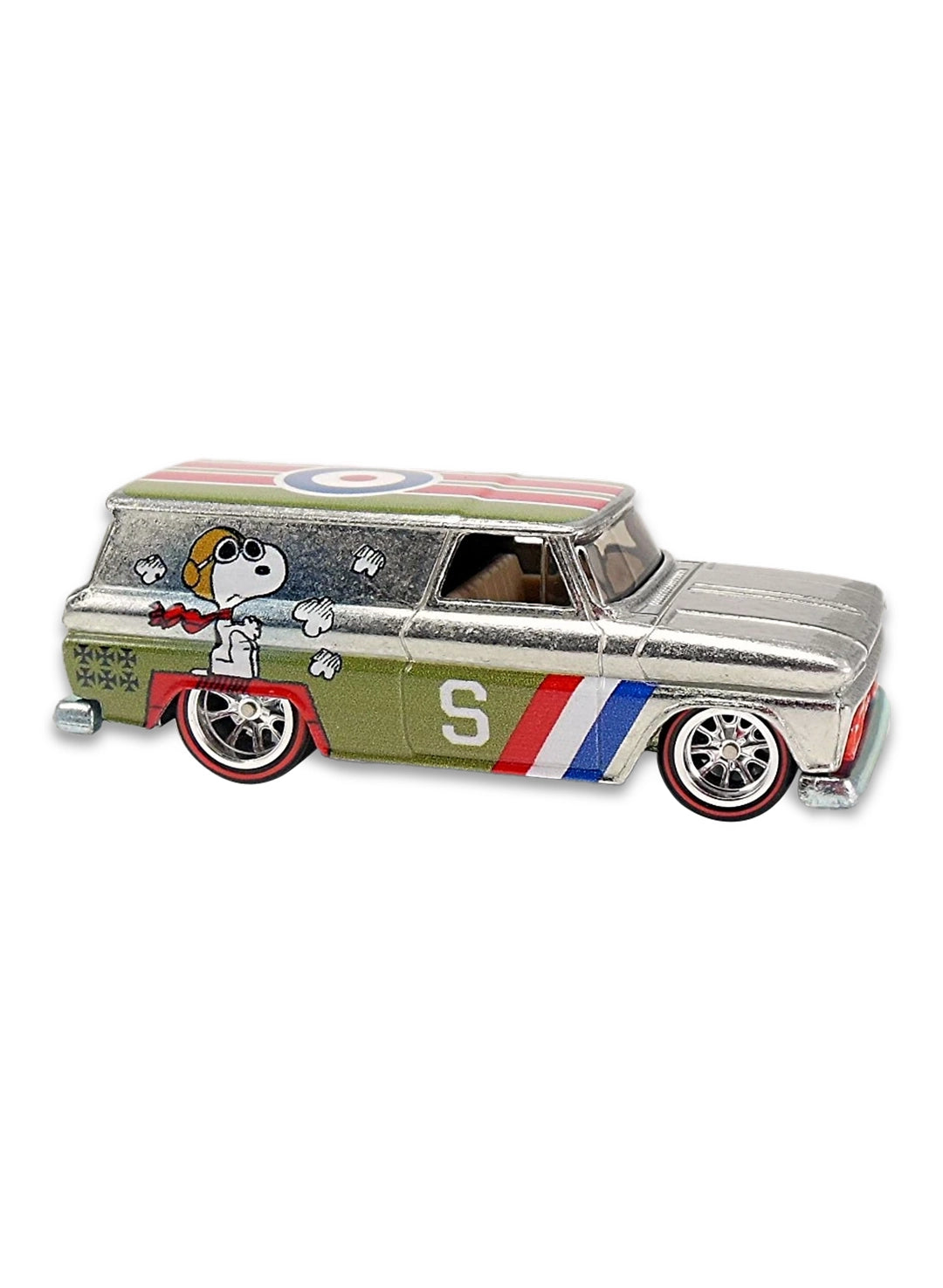 Close-up view of the raw ZAMAC Hot Wheels Flying Ace Snoopy '64 GMC Panel van showing side target graphics and deep-dish chrome Real Riders wheels.