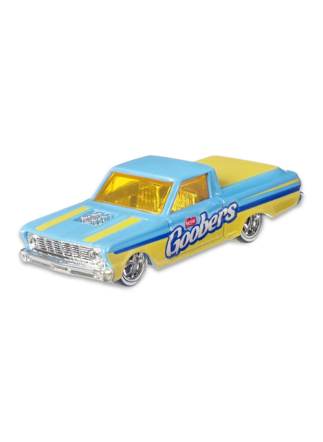 Close-up view of the yellow and blue Hot Wheels Goobers '65 Ford Ranchero truck showing side graphics and deep-dish chrome Real Riders wheels.