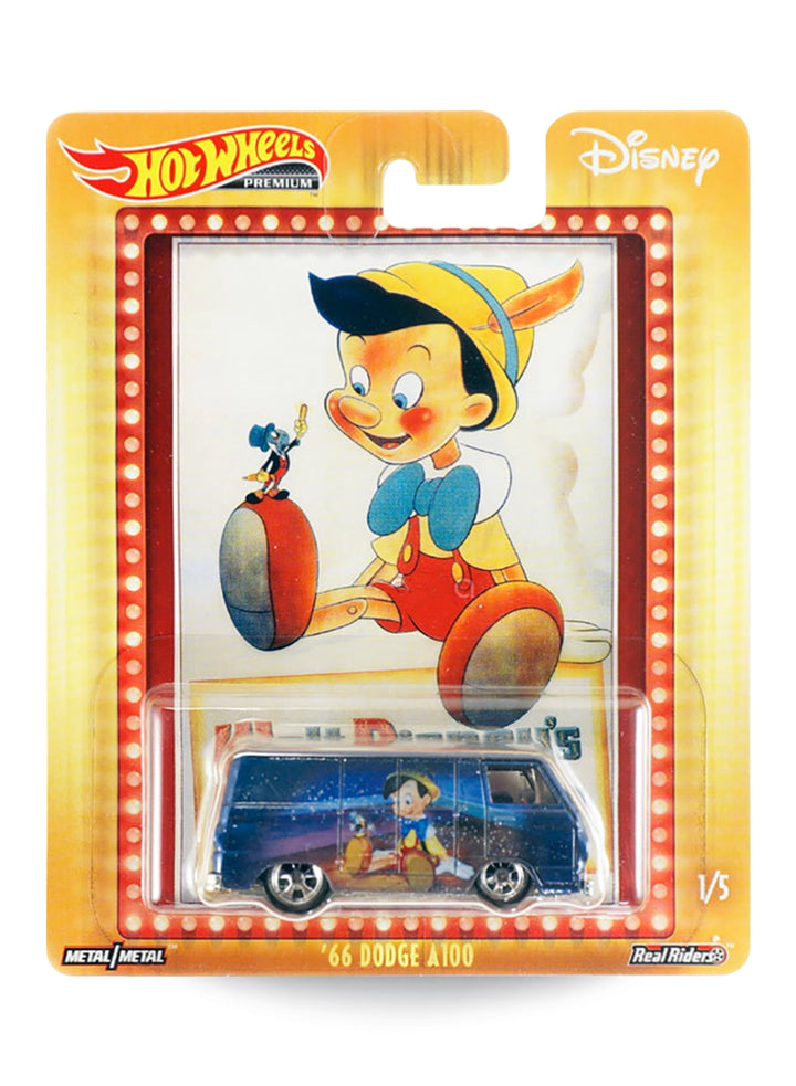Hot Wheels Pop Culture Disney Pinocchio '66 Dodge A100 1:64 scale premium diecast van mint on retro theater marquee blister card.