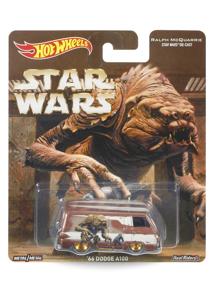 Hot Wheels Pop Culture Ralph McQuarrie Star Wars '66 Dodge A100 1:64 scale premium diecast van mint on its original Rancor Pit concept art card.