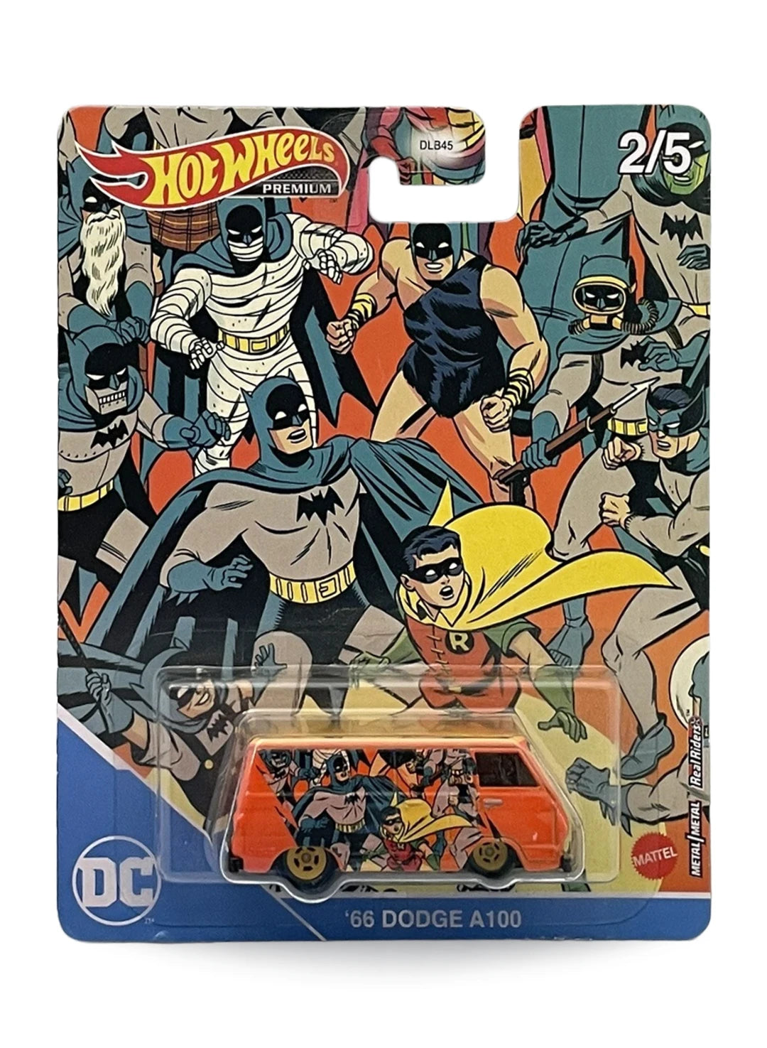 Hot Wheels Pop Culture Batman '66 Dodge A100 1:64 scale premium diecast van mint on its original multi-Batman comic collage blister card.