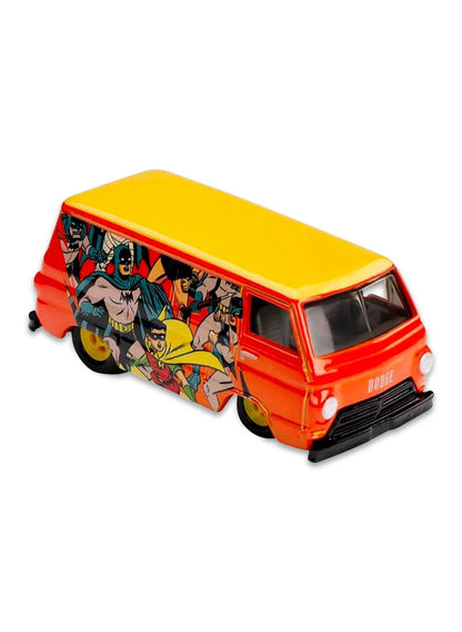Close-up view of the orange Hot Wheels Batman '66 Dodge A100 van showing side comic collage graphics and tan wheels.
