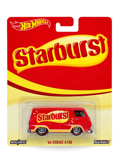 Hot Wheels Premium Pop Culture Mars Candy Starburst '66 Dodge A100 1:64 scale diecast van mint on its original vibrant branded blister card.