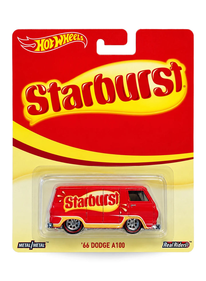 Hot Wheels Premium Pop Culture Mars Candy Starburst '66 Dodge A100 1:64 scale diecast van mint on its original vibrant branded blister card.