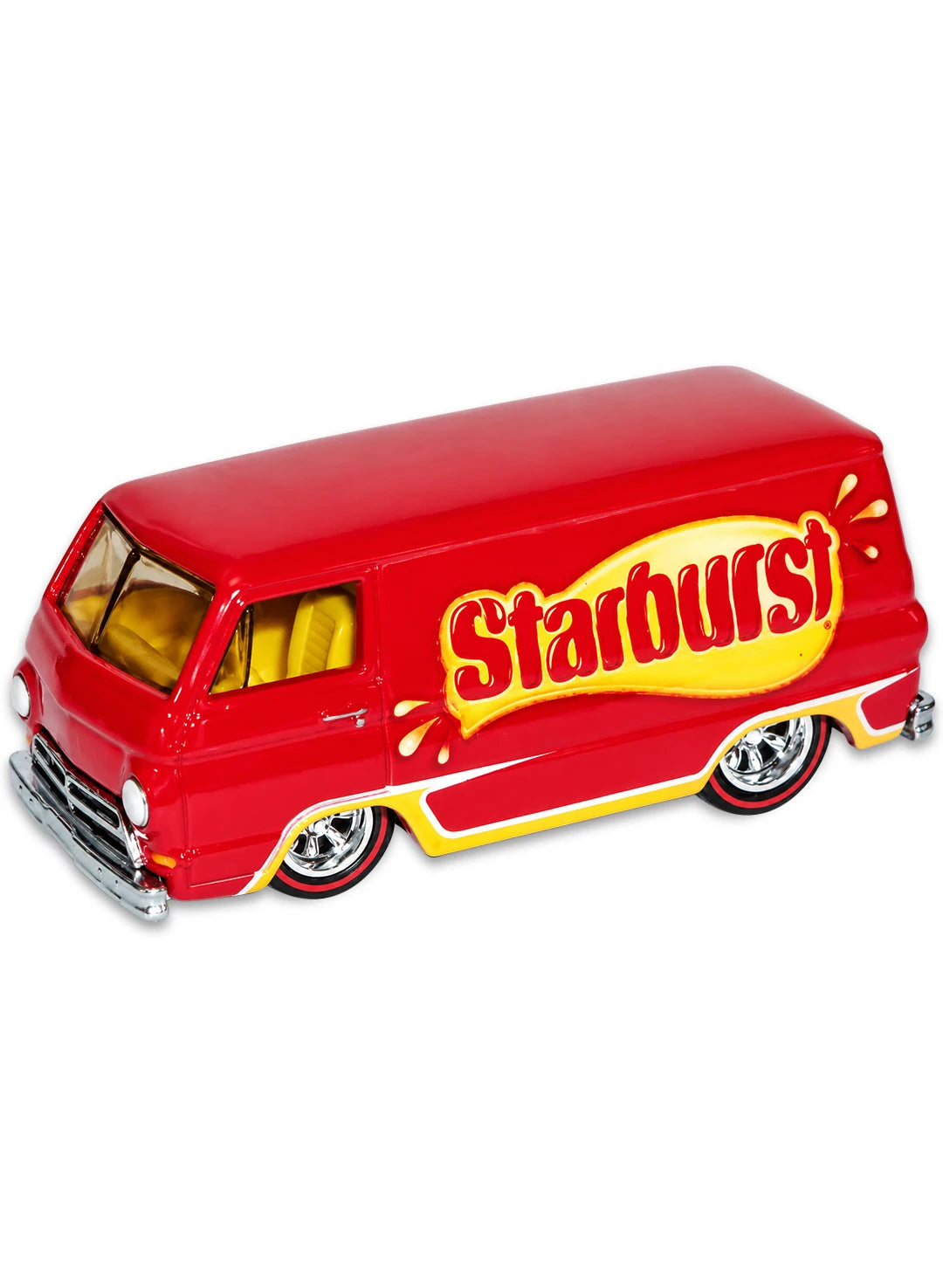 Close-up view of the metallic red Hot Wheels Starburst '66 Dodge A100 van showing a yellow base trim, side logos, and red-rimmed Real Riders wheels.