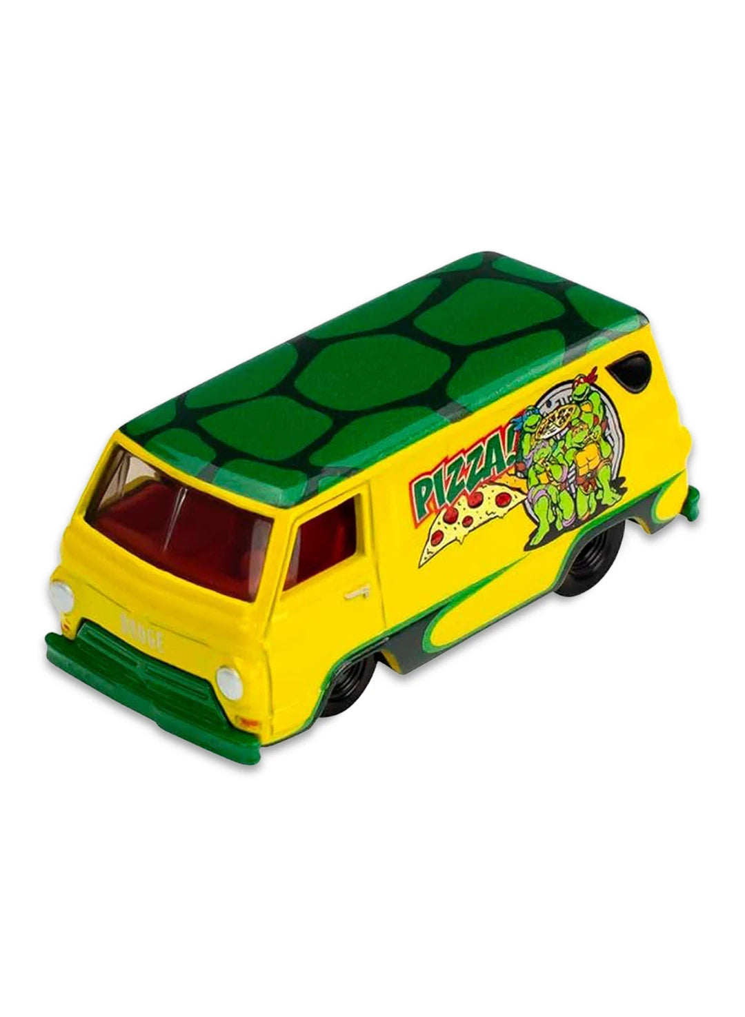 Close-up view of the yellow Hot Wheels TMNT '66 Dodge A100 van showing pizza graphics and blacked-out wheels.
