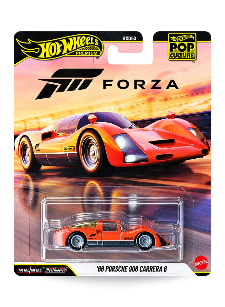 Hot Wheels Premium Pop Culture Forza '66 Porsche 906 Carrera 6 1:64 scale premium diecast race car mint on its original video game themed trackside blister card carrying a bold black Forza logo.