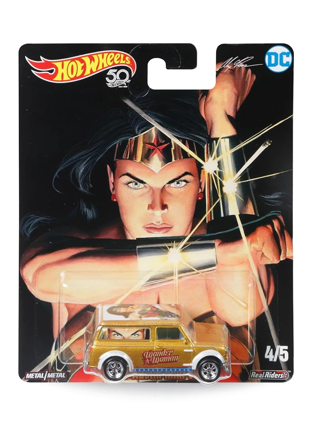 Hot Wheels Pop Culture DC Comics Alex Ross Wonder Woman '67 Austin Mini Van 1:64 scale premium diecast car mint on 50th anniversary card.