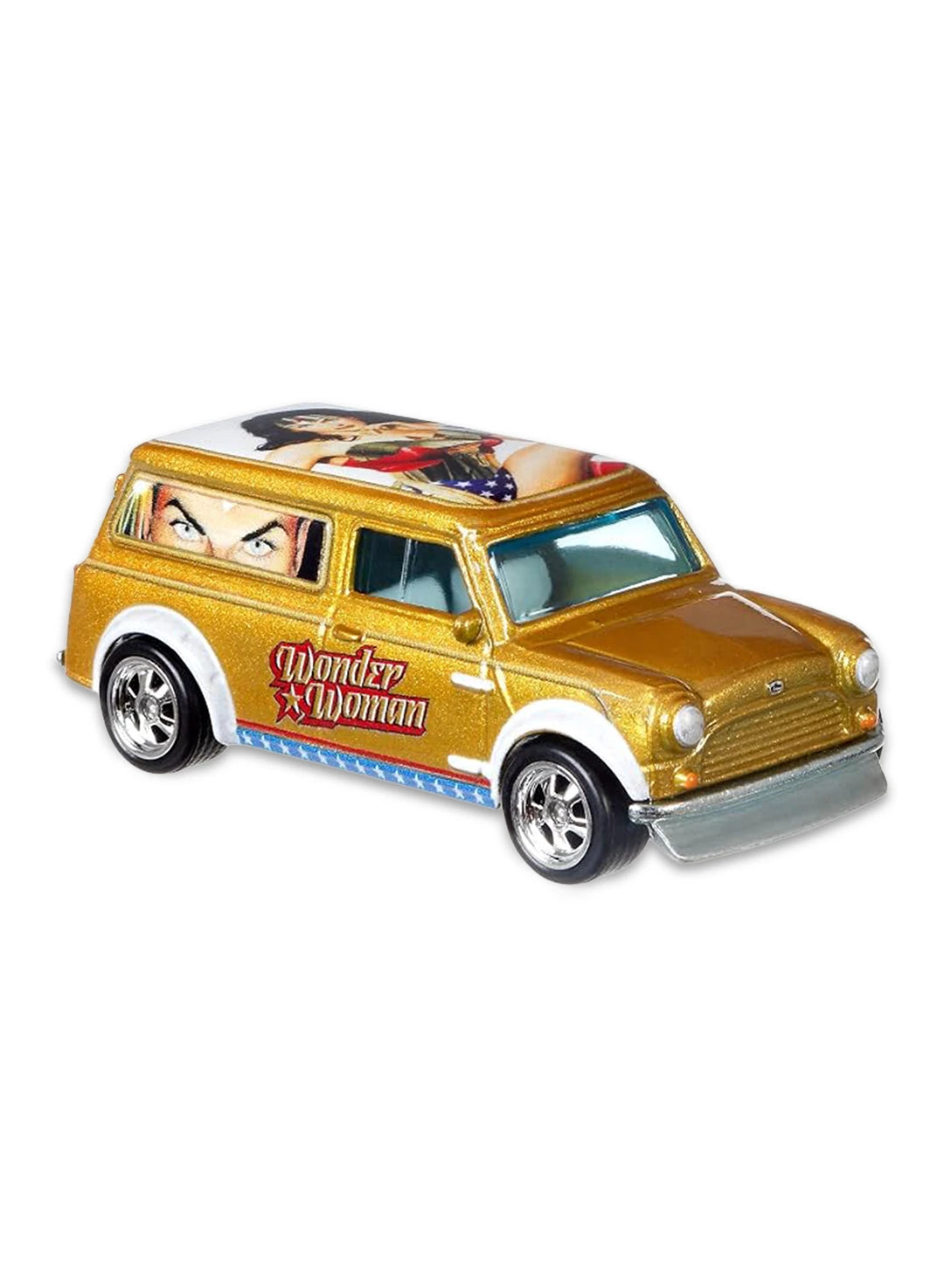Close-up view of the gold chrome Hot Wheels Wonder Woman '67 Austin Mini Van showing side scripts and chrome Real Riders wheels.
