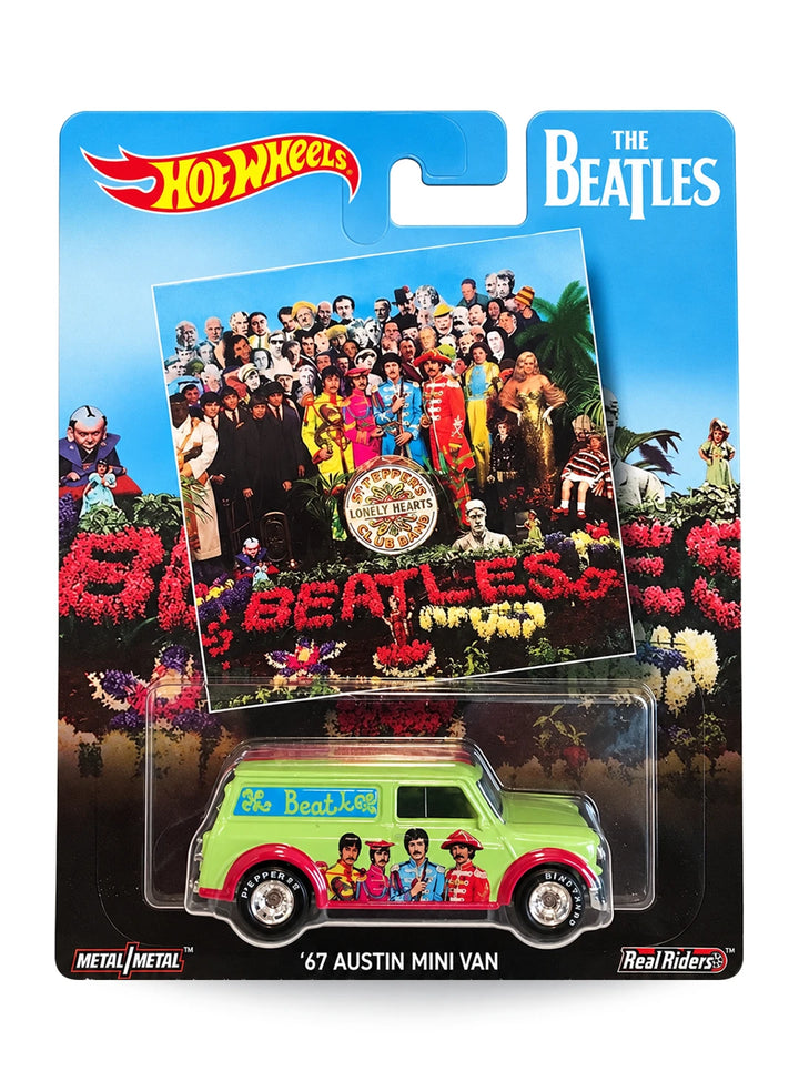 Hot Wheels Premium Pop Culture The Beatles '67 Austin Mini Van 1:64 scale premium diecast car mint on its original Sgt. Pepper's Lonely Hearts Club Band album art blister card.