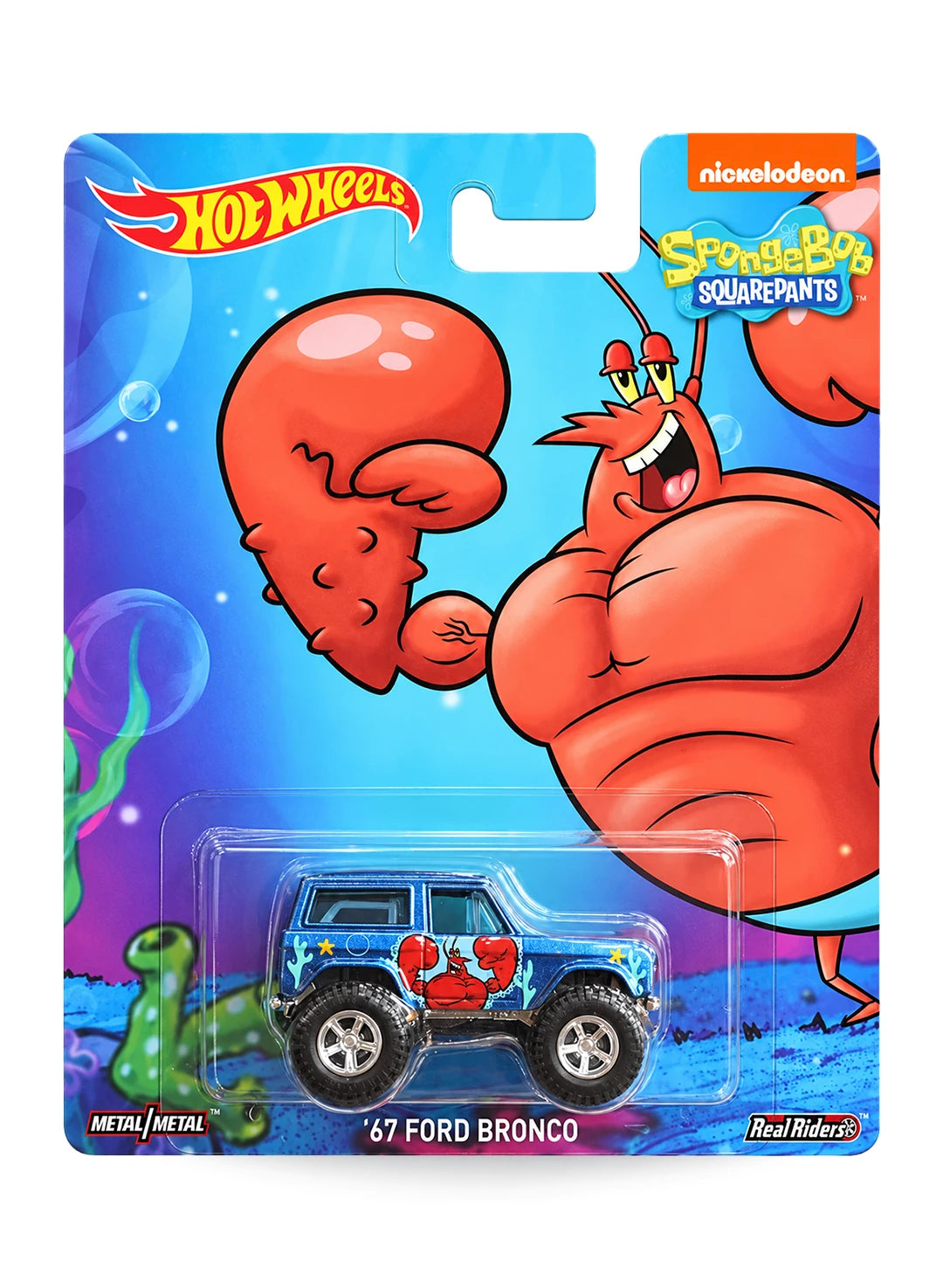 Hot Wheels Pop Culture SpongeBob SquarePants '67 Ford Bronco 1:64 scale diecast model mint on its original Larry the Lobster character blister card.