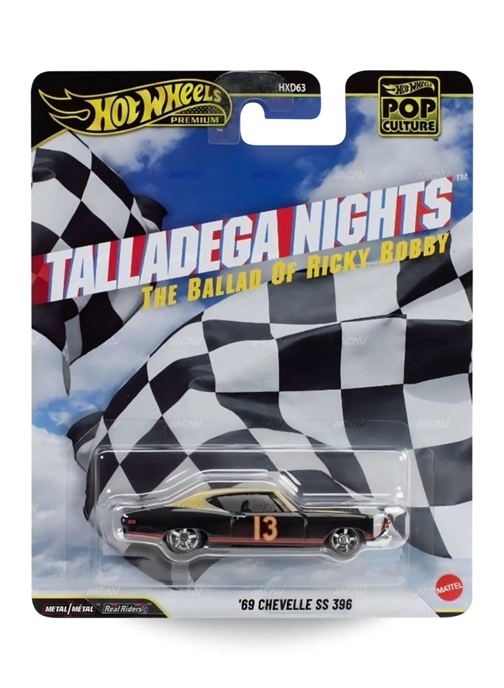 Hot Wheels Premium Pop Culture Talladega Nights: The Ballad of Ricky Bobby '69 Chevelle SS 396 1:64 scale premium diecast car mint on its original checkered flag themed racing blister card.