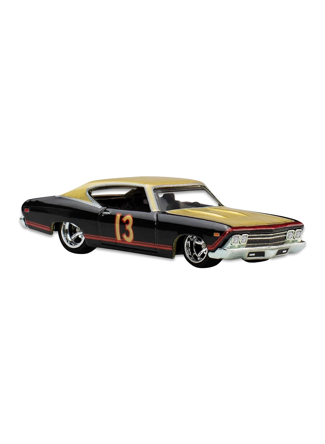 Close-up view of the gloss black Hot Wheels Ricky Bobby '69 Chevelle SS 396 stock car showing a gold roof split, gold side racing stripes with number 13 decals, and chrome deep-dish Real Riders wheels.