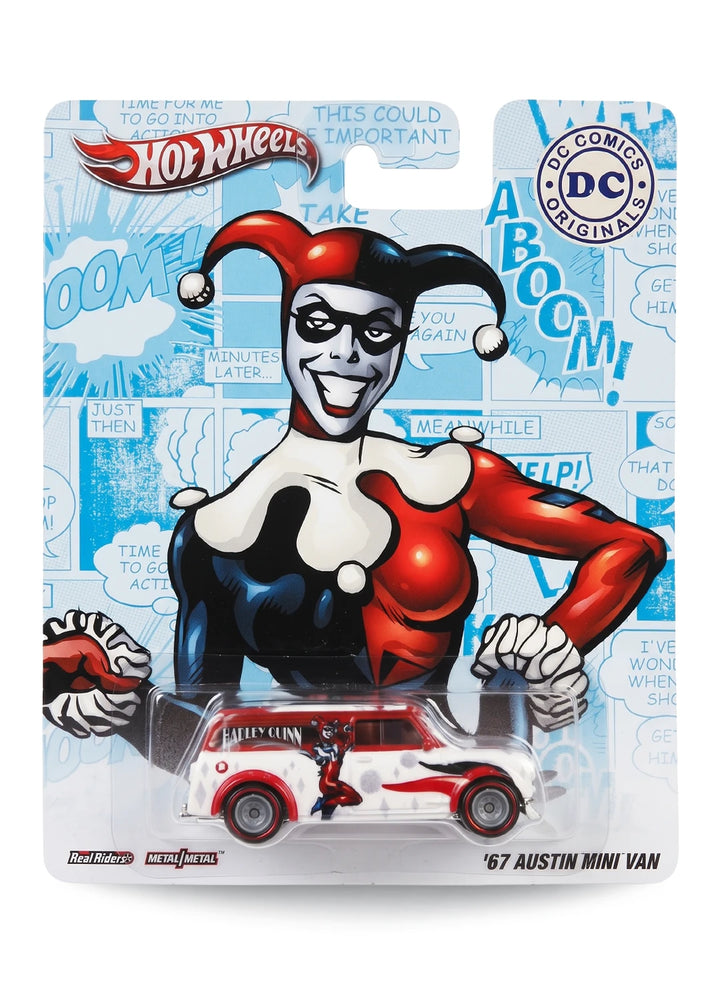 Hot Wheels Pop Culture DC Comics Originals Harley Quinn '67 Austin Mini Van 1:64 scale diecast car mint on its original comic art blister card.
