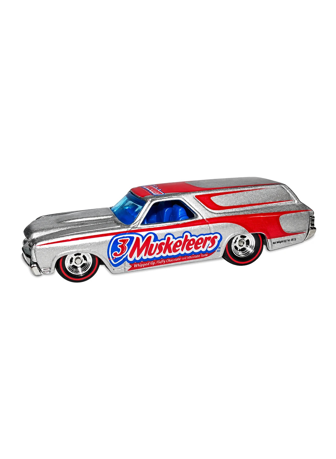 Close-up view of the silver Hot Wheels 2013 3 Musketeers '70 Chevelle Delivery showing side logos and redline Real Riders wheels.