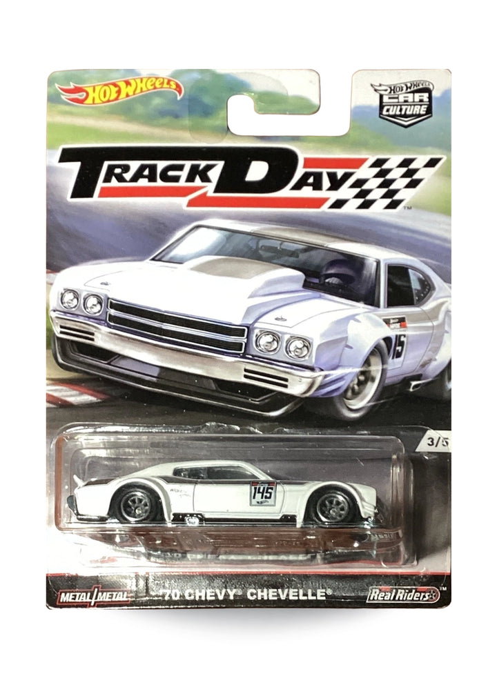 Hot Wheels Car Culture Track Day '70 Chevy Chevelle 1:64 scale premium diecast road racer mint on its original 3/5 numbered high-speed track backdrop blister card.