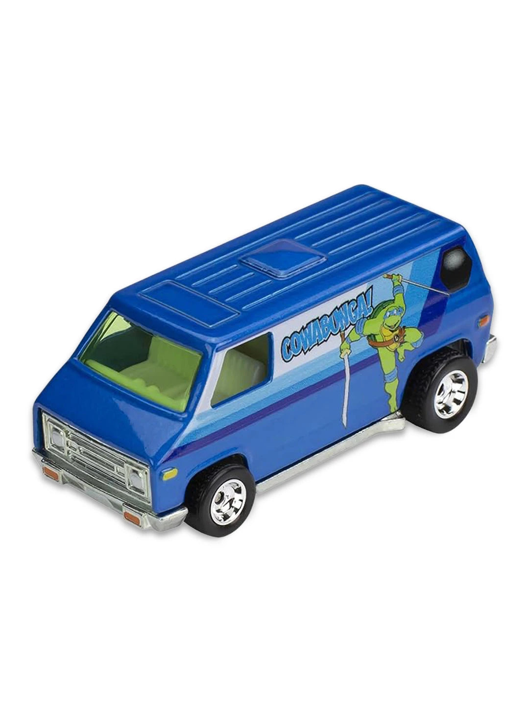 Close-up view of the metallic blue Hot Wheels Leonardo '70s Van showing side turtle shell graphics and chrome wheels.