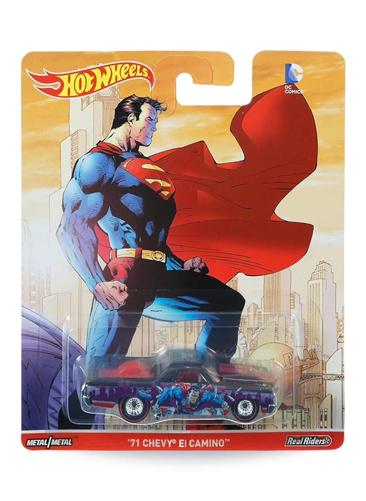 Hot Wheels Pop Culture DC Comics Superman '71 Chevy El Camino 1:64 scale premium diecast utility coupe mint on its original Metropolis skyline blister card.