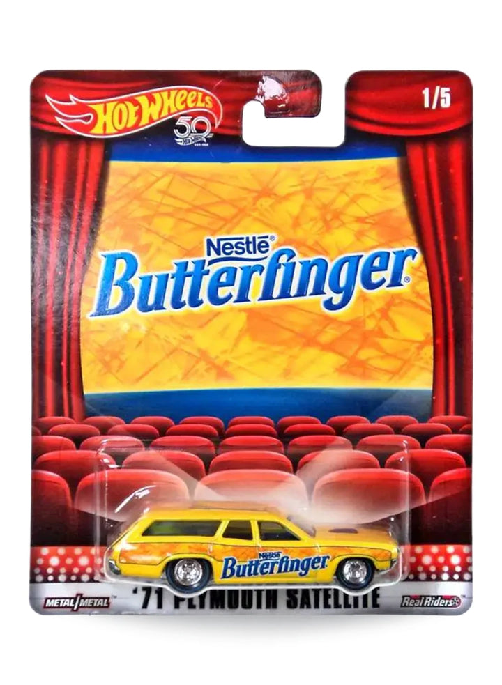 Hot Wheels Pop Culture Nestlé Butterfinger '71 Plymouth Satellite 1:64 scale premium diecast station wagon mint on 50th anniversary movie theater card.