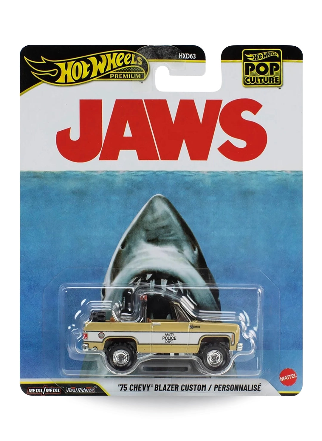 Hot Wheels Premium Pop Culture JAWS '75 Chevy Blazer Custom 1:64 scale premium diecast truck mint on its original movie poster themed blister card featuring the iconic great white shark artwork.