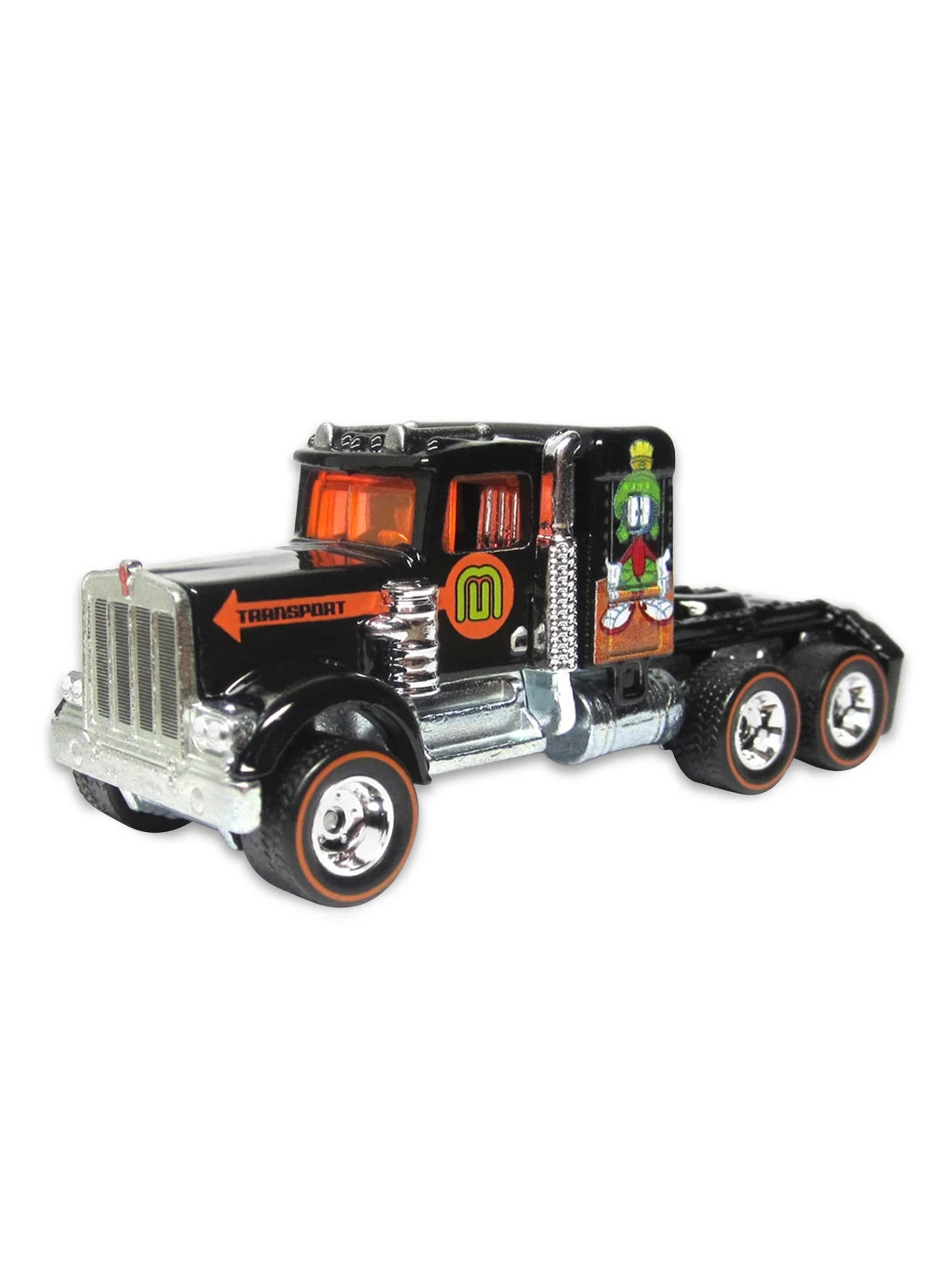 Close-up view of the black Hot Wheels 2013 Marvin the Martian Kenworth W900 truck cab showing side graphics and red-rimmed Real Riders wheels.