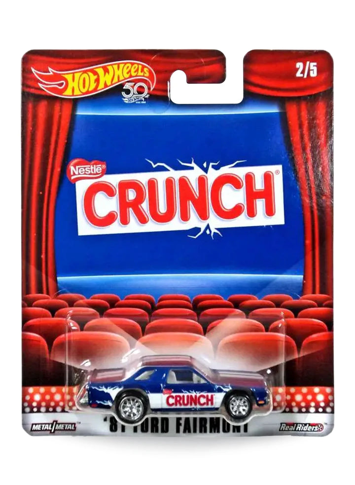 Hot Wheels Pop Culture Nestlé Crunch '81 Ford Fairmont 1:64 scale premium diecast car mint on 50th anniversary movie theater card.