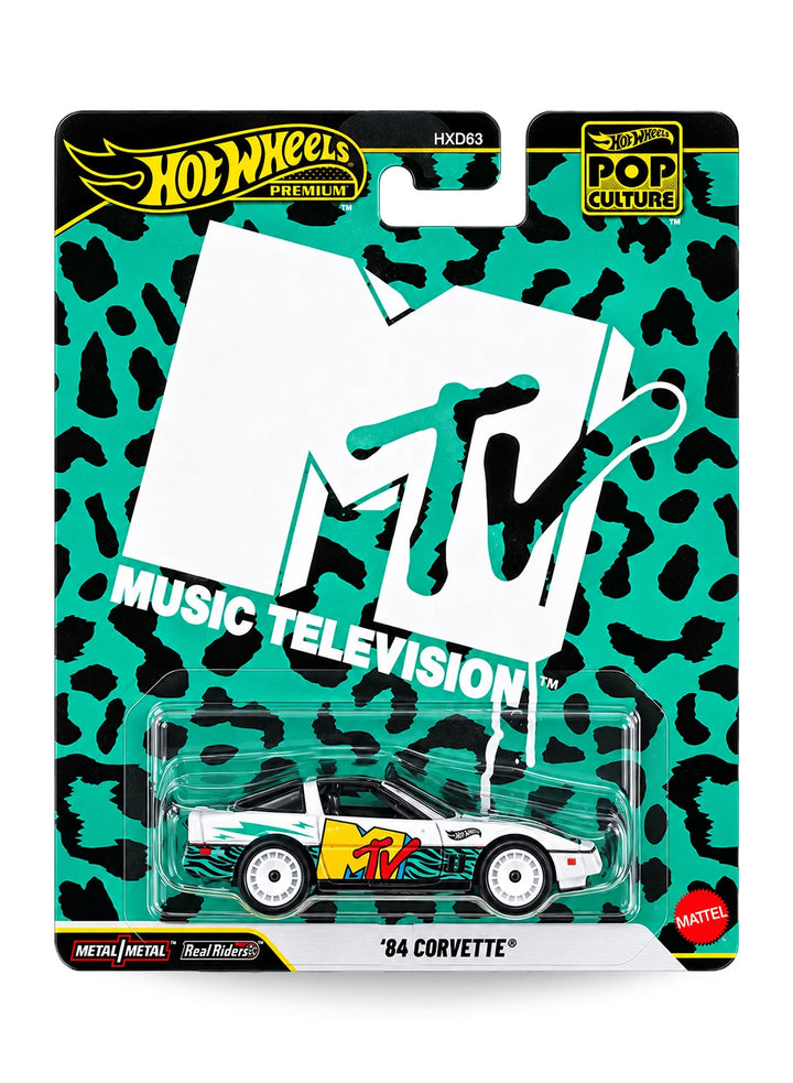 Hot Wheels Premium Pop Culture MTV '84 Corvette 1:64 scale premium diecast car mint on its original music television themed teal and black leopard print blister card.