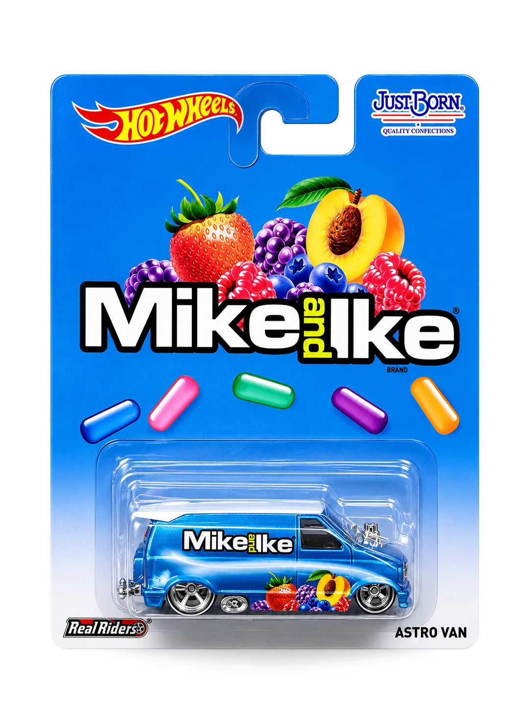 Hot Wheels Pop Culture Just Born Mike and Ike Astro Van 1:64 scale diecast car mint on its original fruit branded blister card.