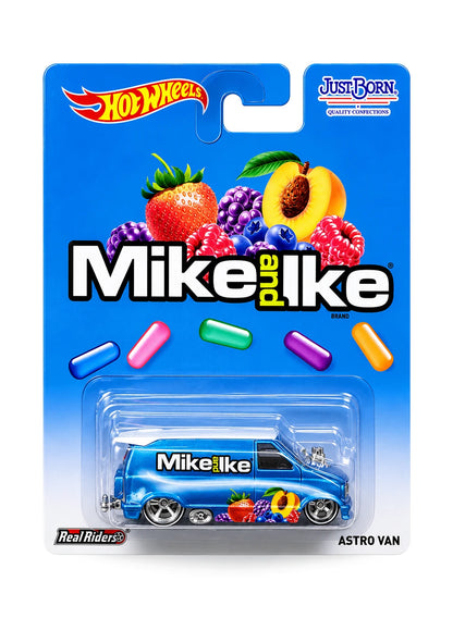 Hot Wheels Pop Culture Just Born Mike and Ike Astro Van 1:64 scale diecast car mint on its original fruit branded blister card.