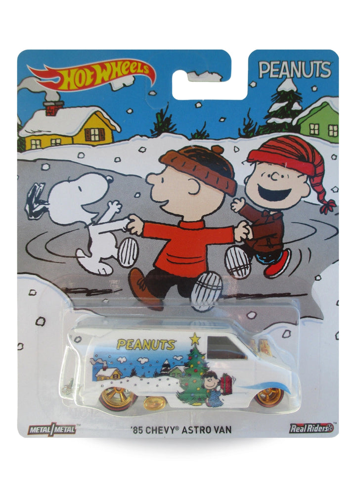 Hot Wheels Pop Culture Peanuts '85 Chevy Astro Van 1:64 scale premium diecast van mint on its original ice skating winter blister card.