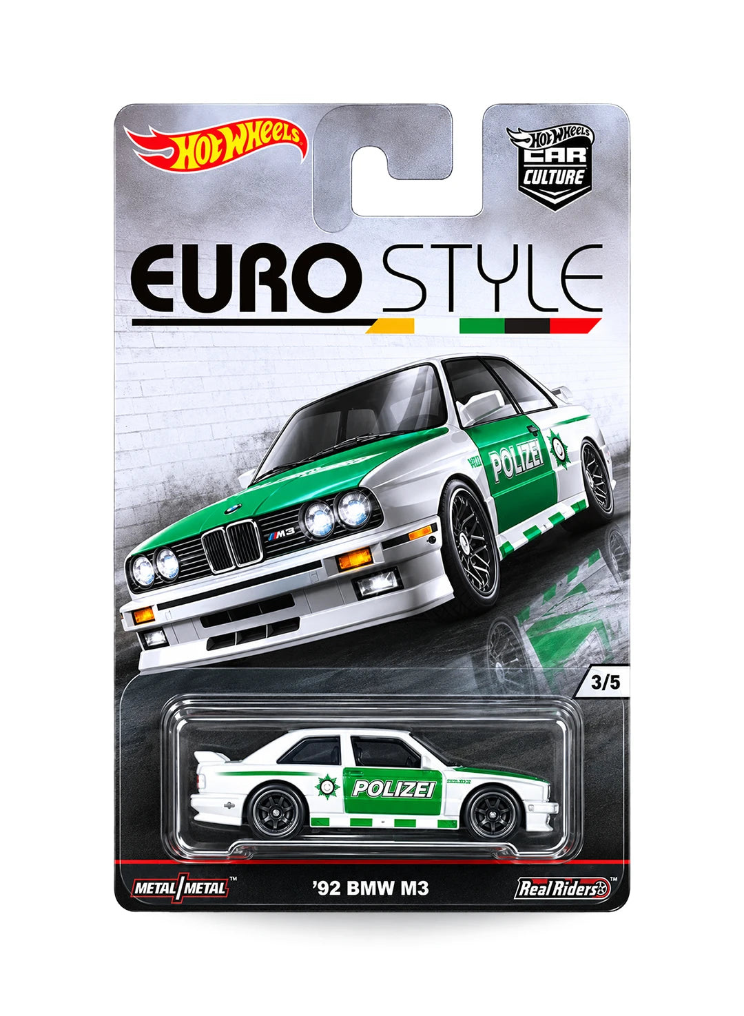 Hot Wheels Car Culture Euro Style '92 BMW M3 1:64 scale premium diecast car mint on its original European police themed 3/5 blister card.