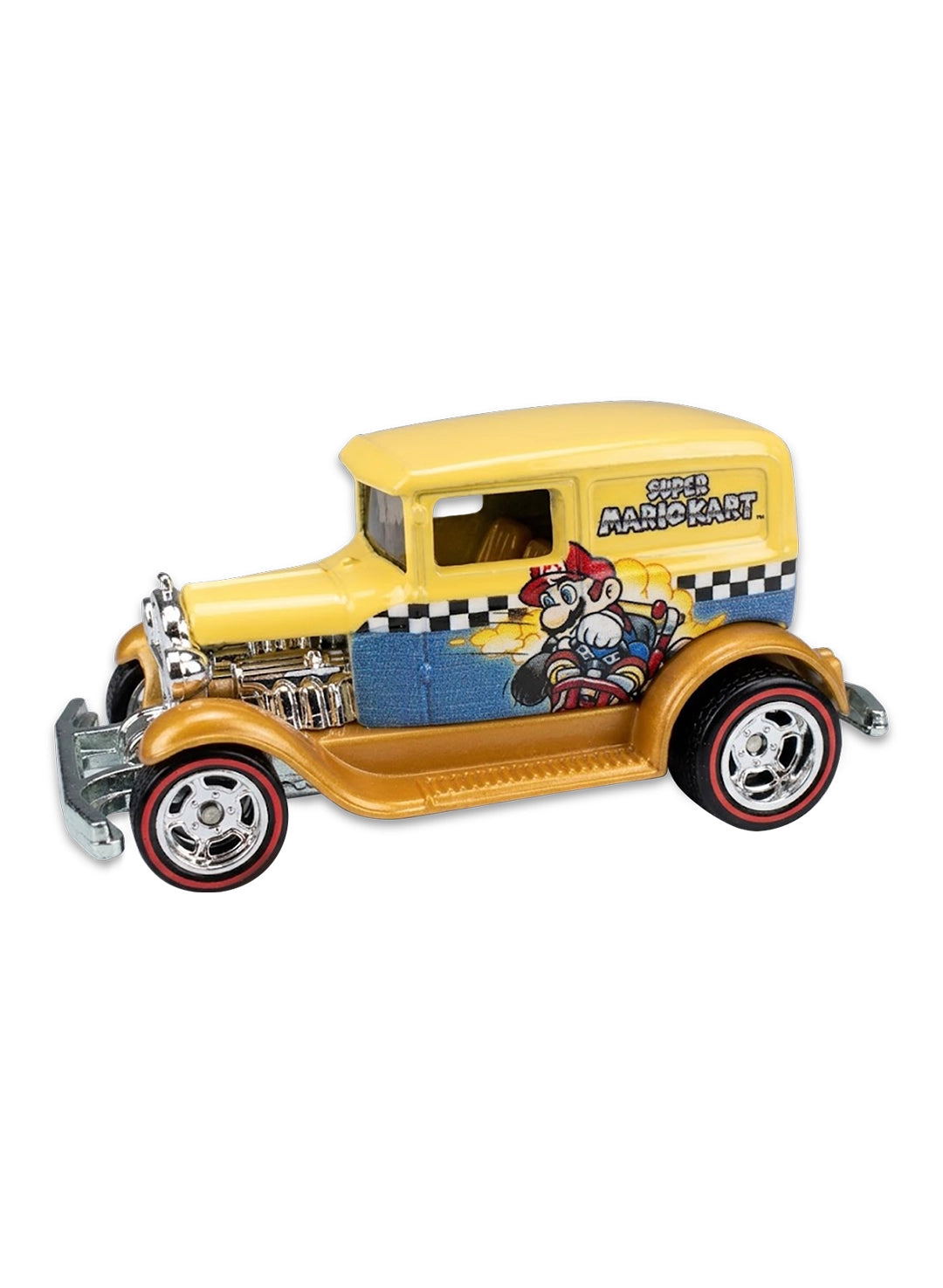 Close-up view of the metallic gold and blue Hot Wheels Super Mario Kart A-OK hot rod showing side game graphics and redline Real Riders wheels.